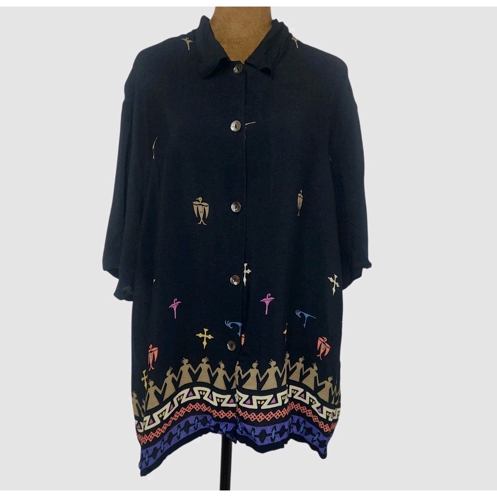Chicos Top Size 2 Women's Button-Down Tribal Folk Art Print Black Multicolor